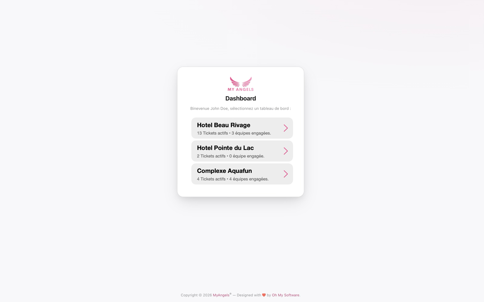 My Angels multi-property selector — Hotel Beau Rivage, Hotel Pointe du Lac, Aquafun Complex with active tickets and deployed teams