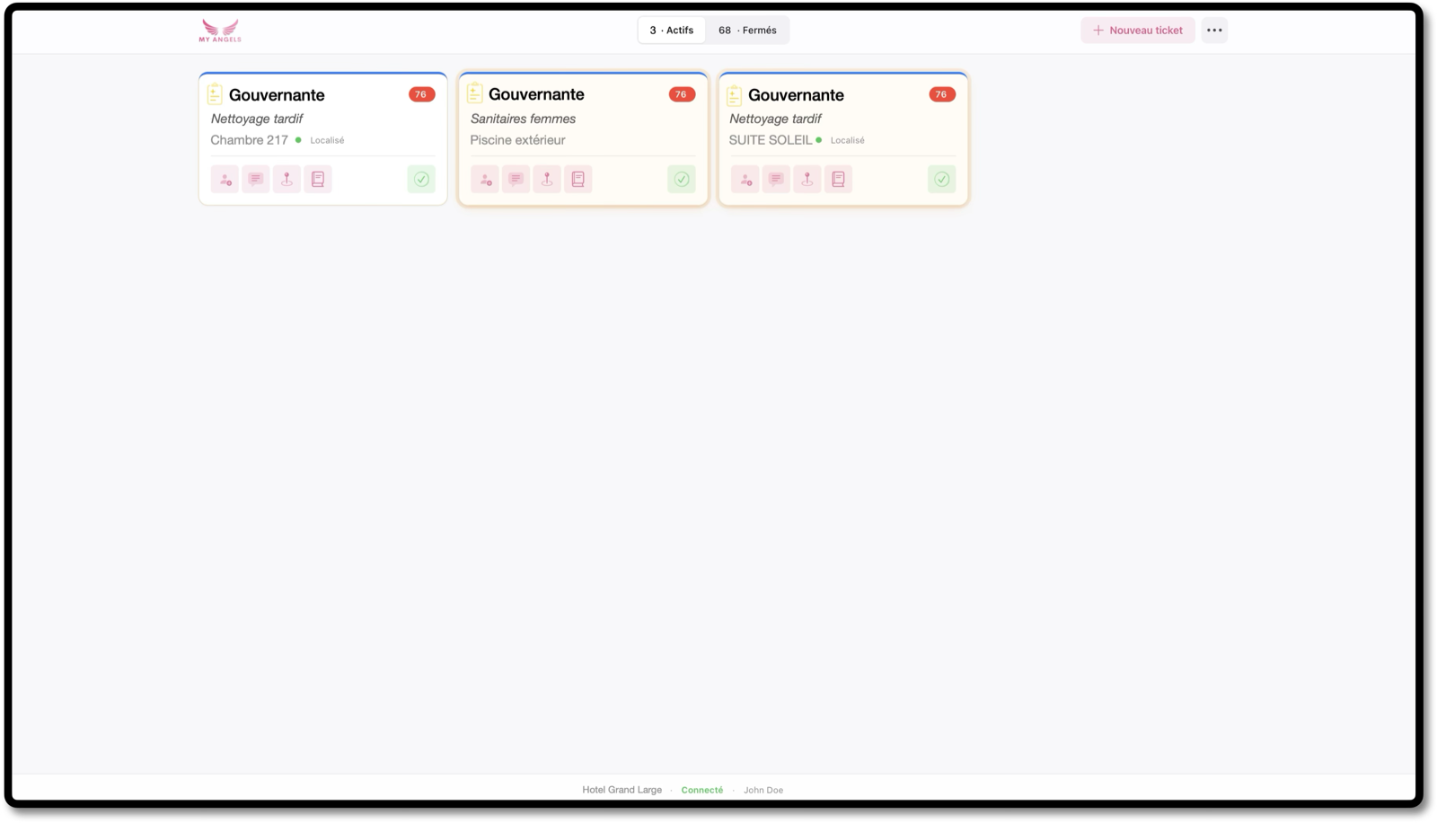 Real-Time View of the My Angels dashboard for Camping Du Lac — main map, Paris clock, indicators 2 active tickets / 1 team assigned / 12 tickets closed over 24h, activity feed, 3 secondary views Health / Security / Information