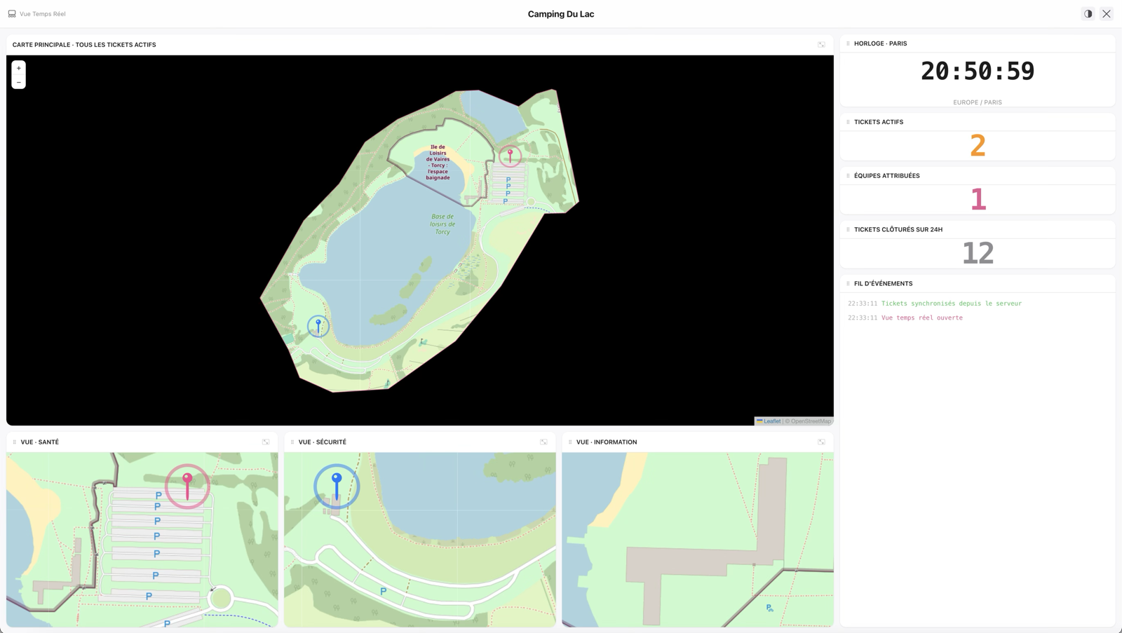 Real-Time View of the My Angels dashboard for Camping Du Lac — main map with geolocated tickets on the Vaires-Torcy leisure island, indicator panel (2 active tickets, 1 team assigned, 12 tickets closed over 24h), time-stamped activity feed, and 3 thematic views Health/Security/Information