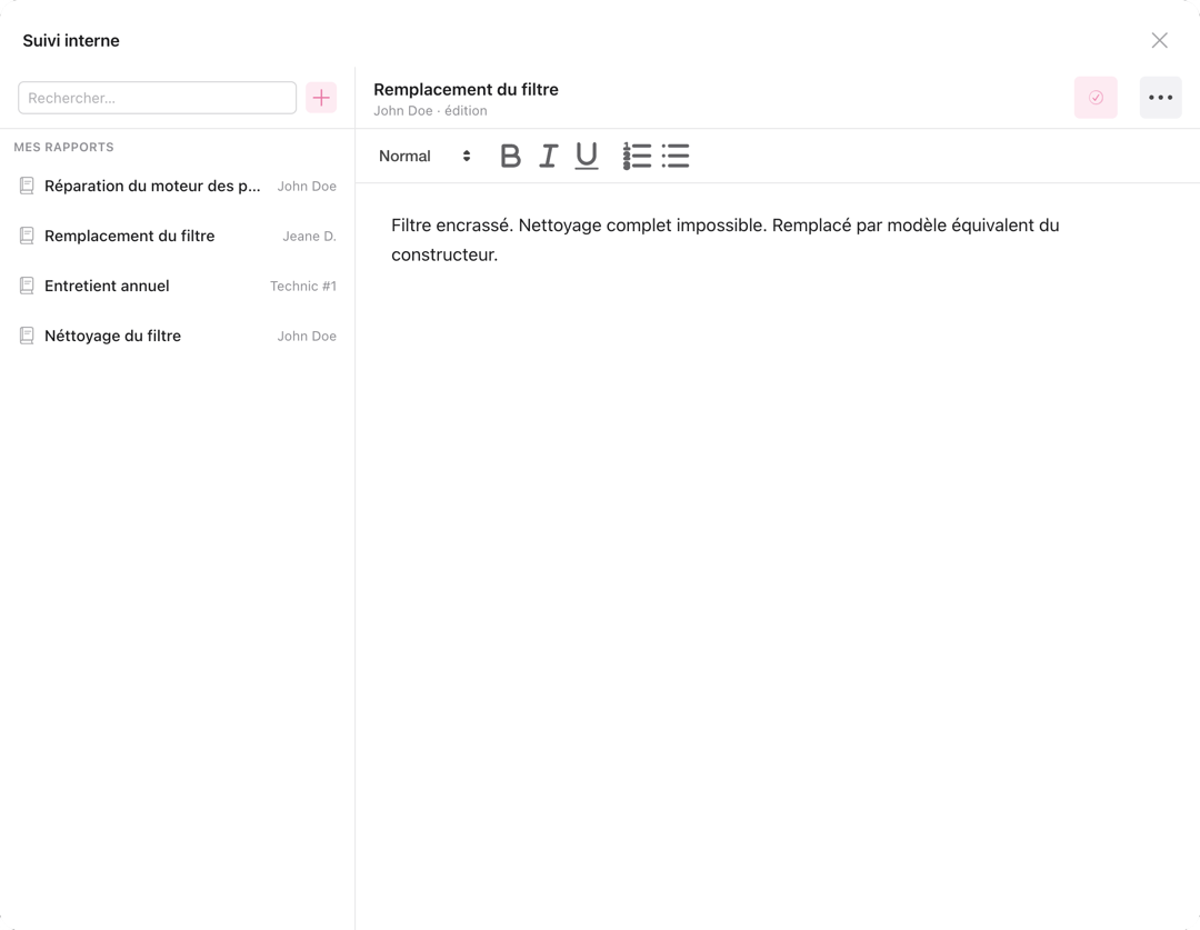 Internal Tracking modal of the My Angels dashboard — list of reports (Motor repair, Filter replacement, Annual servicing, Filter cleaning) with a rich-text editor open on 