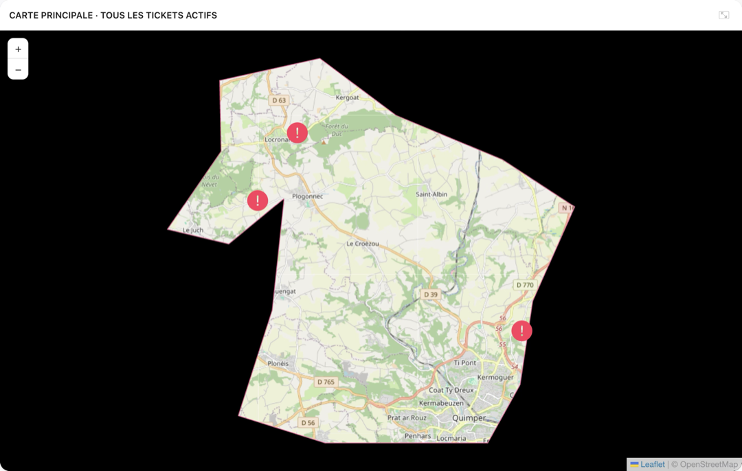 Main map modal of My Angels — aerial view of the Quimper/Locronan sector with 3 red geolocated pins marking active tickets along the course
